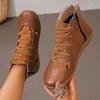 Women's Autumn Winter Pu Leather Ankle Boots Round Toe Lace Up Retro Work Shoes Woman Comfortable Flat Heel Casual Short Boots