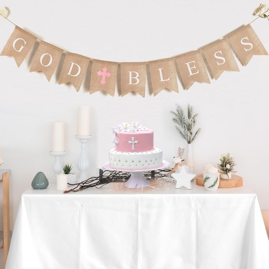 CHRORINE Baptism Decorations First Communion Confirmation Decorations Bautizo Decorations God Bless Banner (Pink)