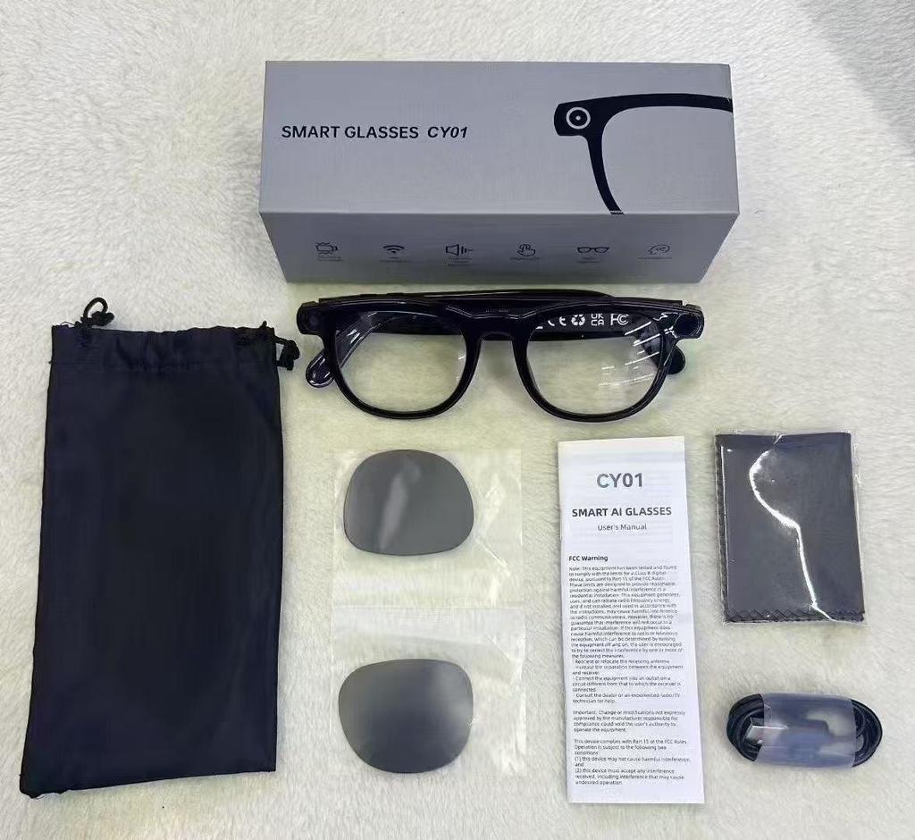 CY01 Smart Glasses: 800W Pixel Camera, AI Translation, Video/Meeting Recording, Object Recognition, Calls, Bluetooth Connectivity.