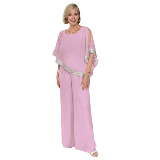 2 Pcs/Set Women Top Pants Set Bat Sleeve O Neck Shiny Sequin Irregular Blouse Elastic