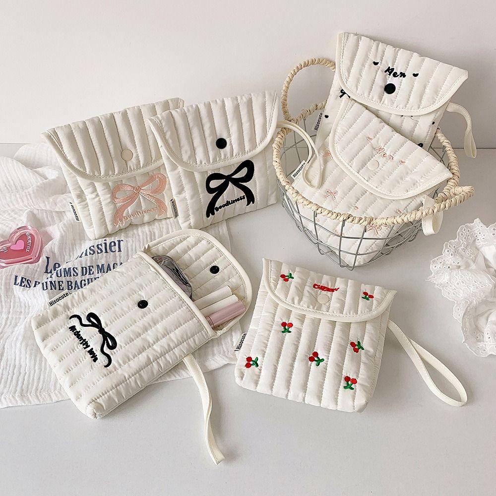 Menstruation Towel Storage Embroidery Cherry Cosmetic Bag Large Capacity Bow Makeup Bag  Women