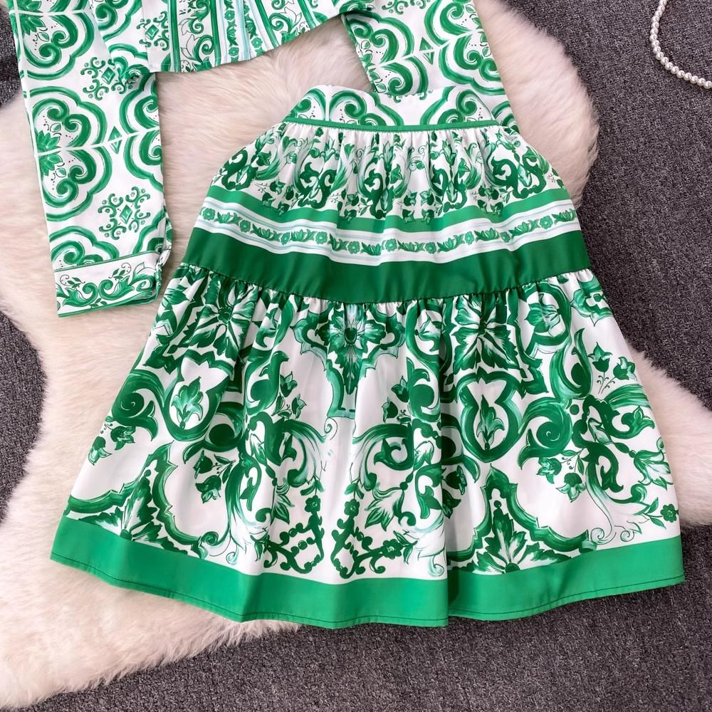 Осенняя мода на подиуме, красный, зеленый, синий и белый фарфоровый цветочный принт, женская рубашка, топ + мини-юбка трапециевидной формы, комплекты из двух предметов