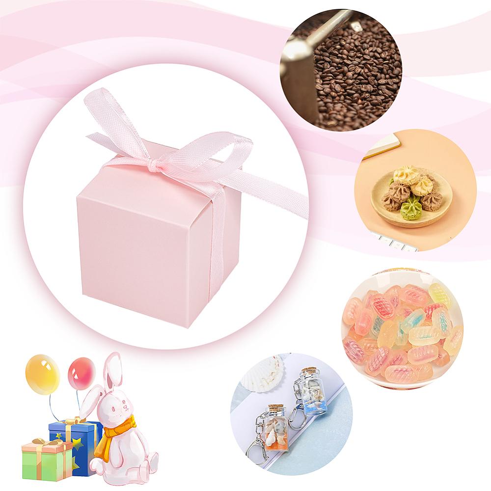 50sets Square Fold Paper Candy Boxes with Ribbon for Wedding & Bakery & Baby Shower Gift Packaging Pearl Pink Finished Product: 5x5x5cm