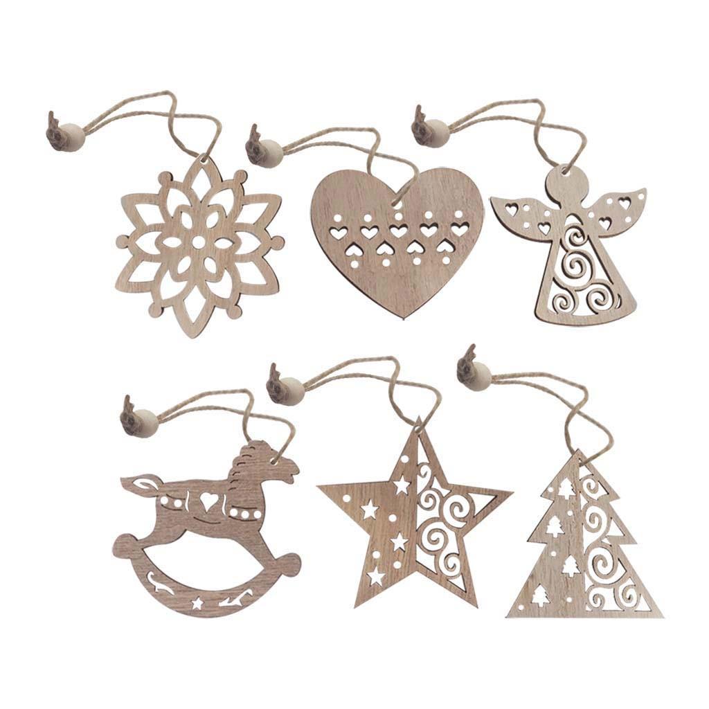 6Pcs Christmas Snowflakes Wooden Pendants Xmas Tree Ornaments Home Hanging Decor