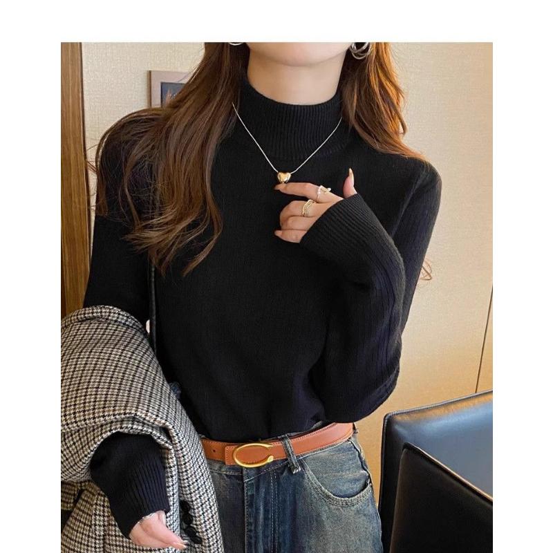 Женский свитер с полувысоким воротником и плюшем, зимний утолщенный внутренний вязаный базовый топ, однотонный универсальный теплый верх