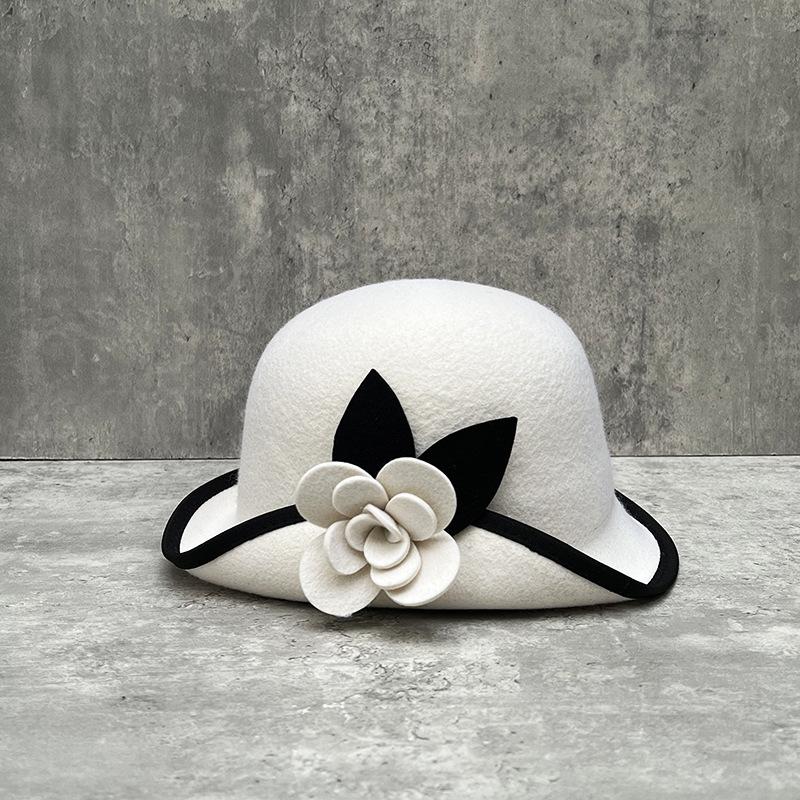 Шерстяная шляпа-ведро в стиле Хепберн, женская, французская, ретро, элегантная, шляпа-горшок с камелией, контрастная отделка, универсальная шляпа-топ