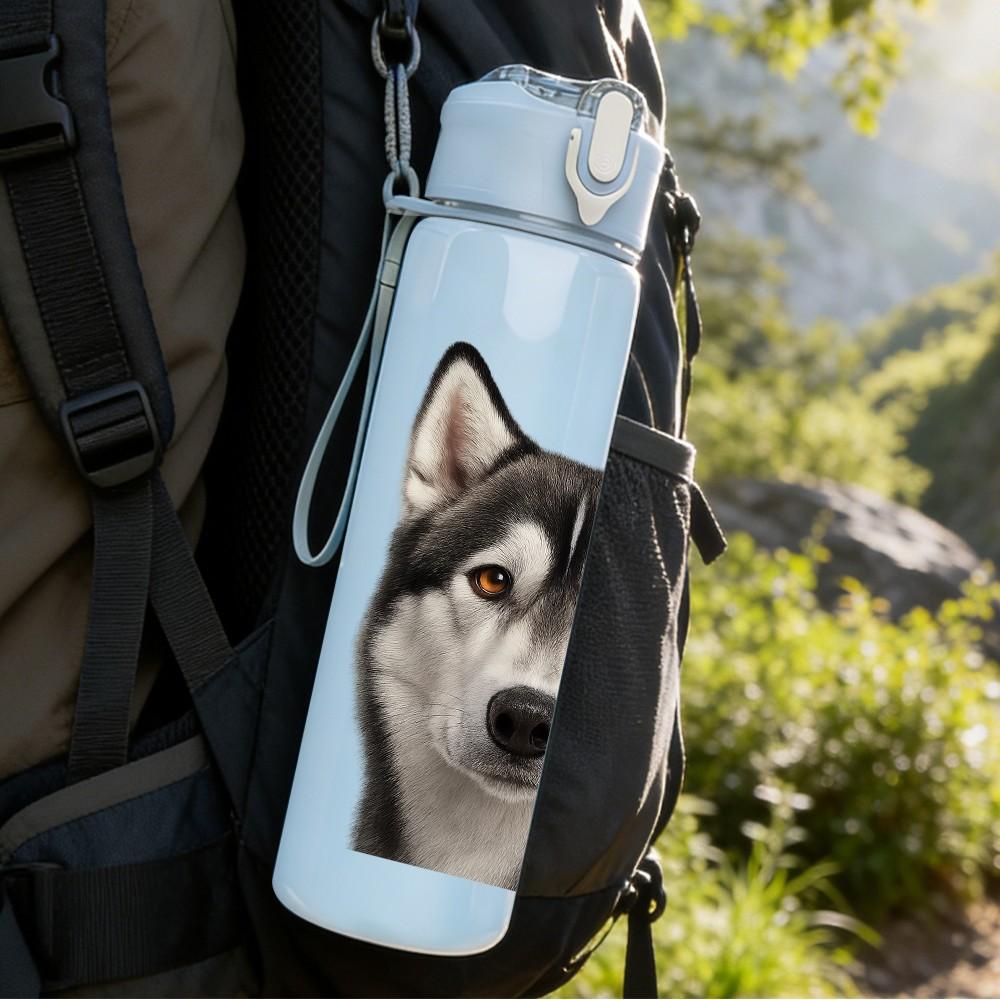 1PC Husky Dog Face Closeup 750ml Color Plastic Sports Water Bottle Leakproof Flip Straw Lid Suitable for Sports Office Home Use