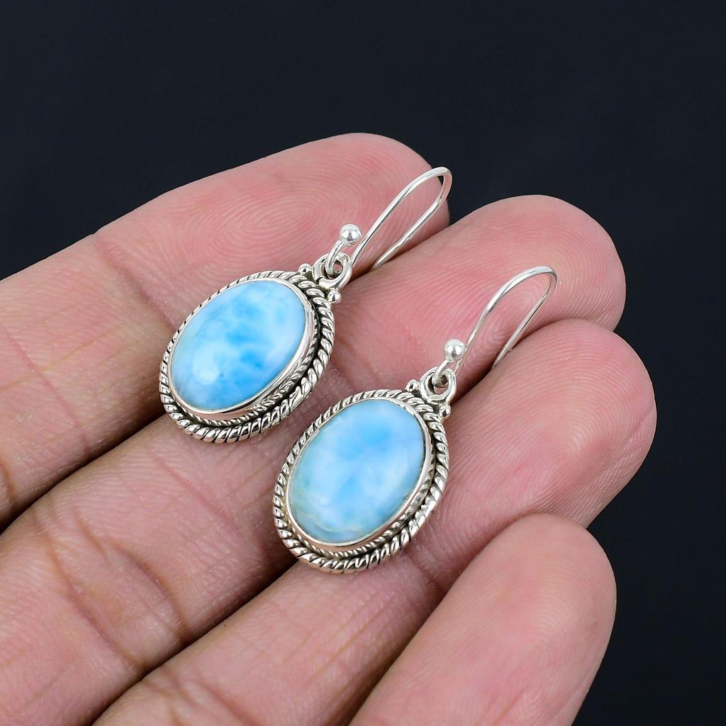 Larimar Gemstone Earrings Solid 925 Sterling Silver Handmade Earrings Jewelry Gift For Women And Girls E-1287