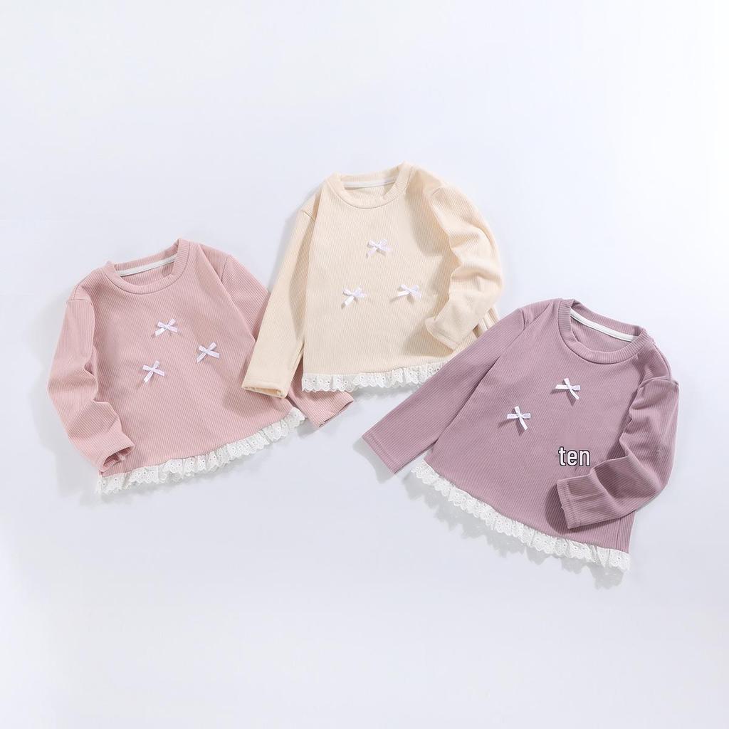 Girls' Spring Lace Bow Long Sleeve Top – Korean Style Round Neck Outerwear