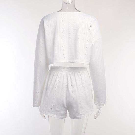 2 Pcs/Set Women Top Shorts Suit High Waist Shorts Hollow Out Loose Cropped Blouse Long Sleeves Solid Color Outfit for Sport Jogging Sleeping
