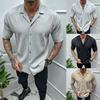 Street Trend Summer Solid Cardigan Short Sleeved Men's Stand Collar Button Patchwork Casual American Fashion Versatile Thin Tops