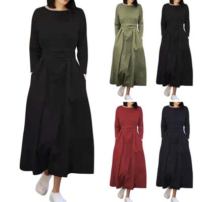 Женское повседневное свободное платье с круглым вырезом и рукавами три четверти, однотонное платье с завязками