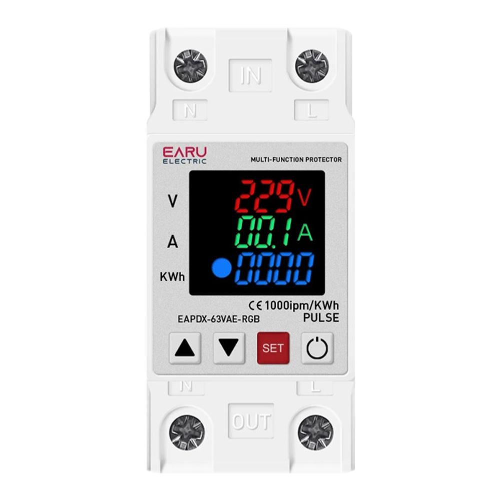 40A 63A 230V RGB Over Voltage Under Voltage Protective Device Din Rail Protector Relay Adjustable Over Current Protection Limit