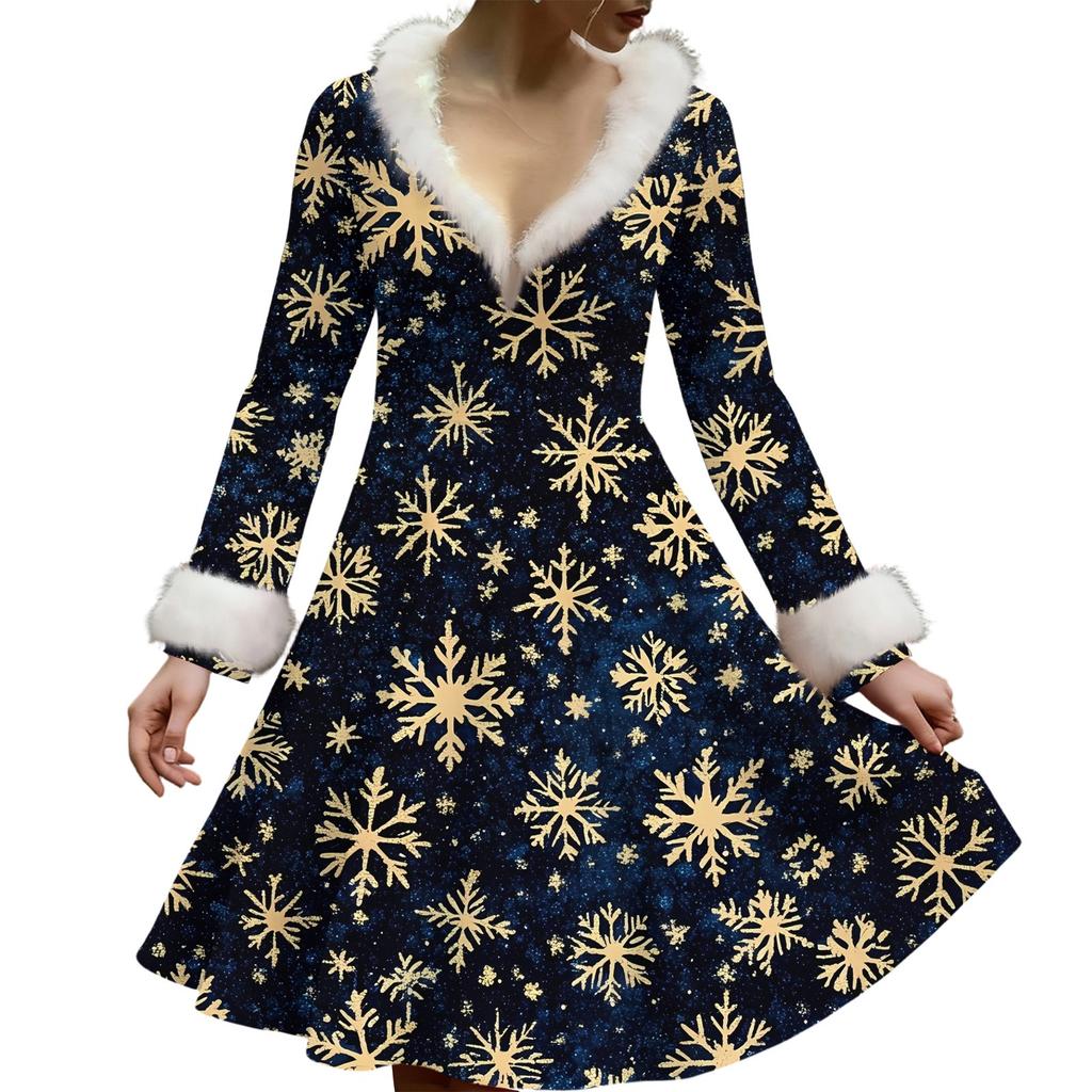 Женское повседневное платье с V-образным вырезом, рождественским принтом, плюшевыми длинными рукавами