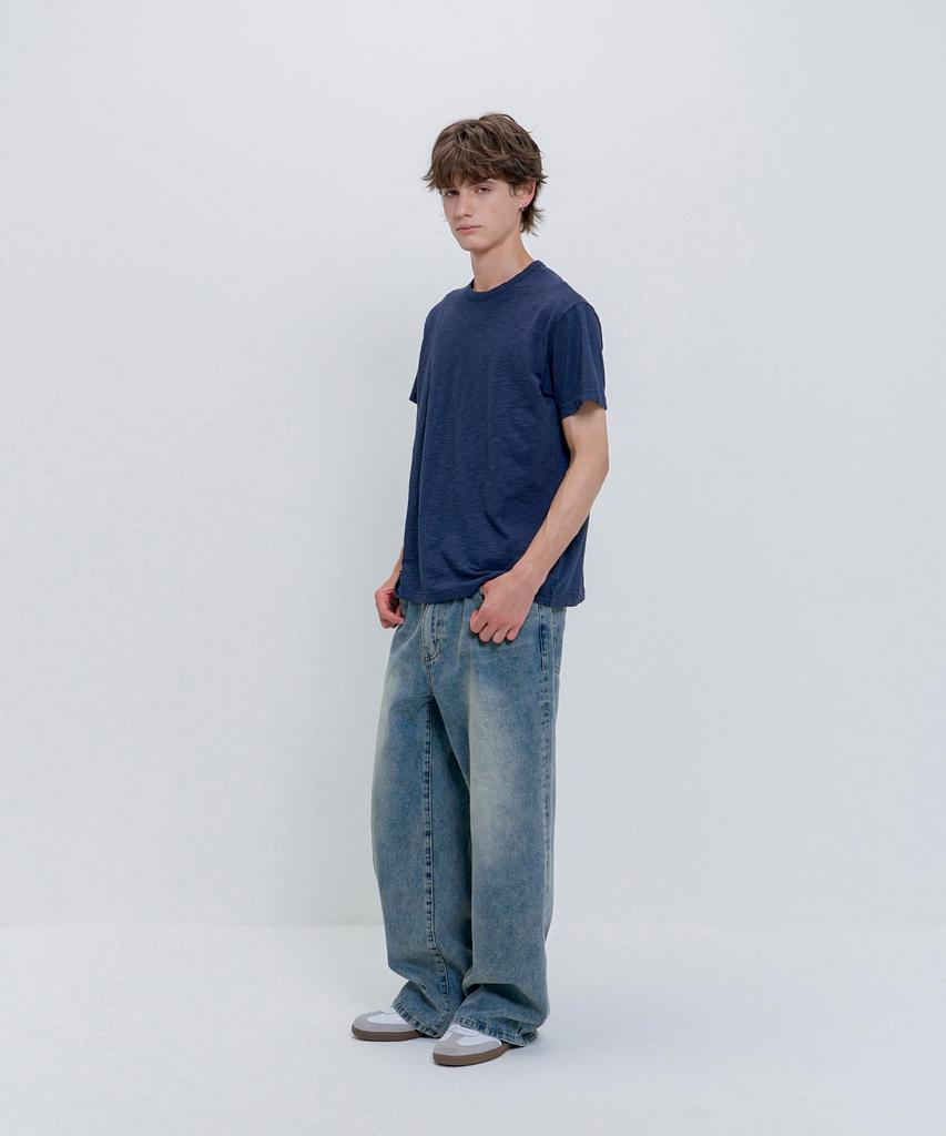 PSSHOPPER Semi-Crop Slub Vintage Short Sleeve T-Shirt [Navy]