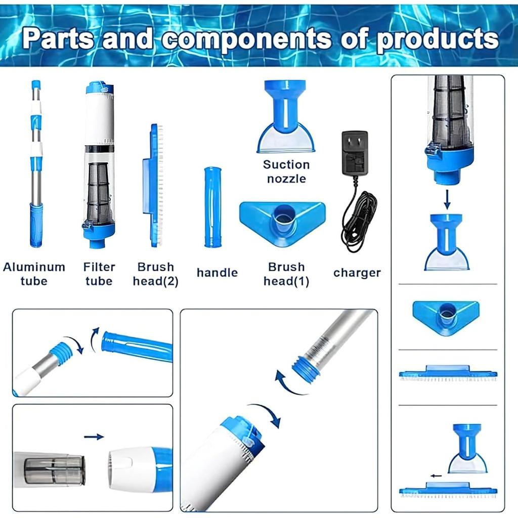 3 in 1 Cordless Rechargeable Swimming Pool Vacuum Head, Telescopic Pole Handheld Pool Cleaner for Spas, Inground Pool, Above Ground Pool and Hot Tubs