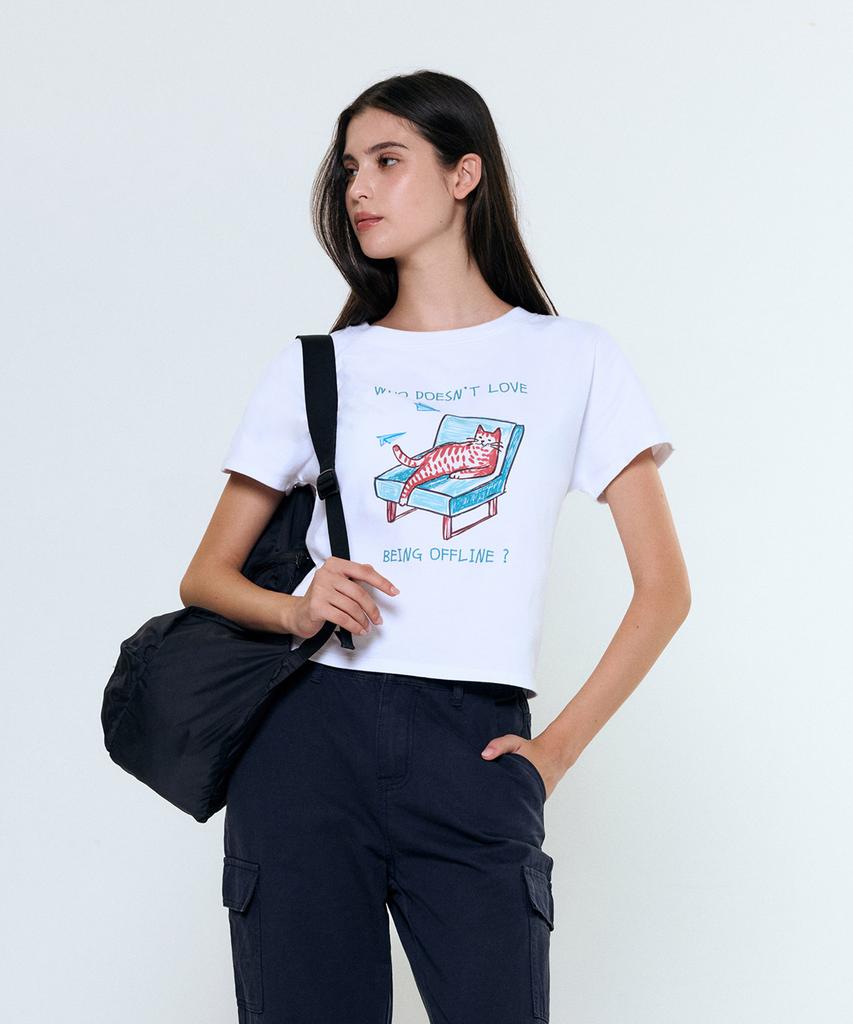 VESTIRYA Lazy Kitty Crop T-Shirts White