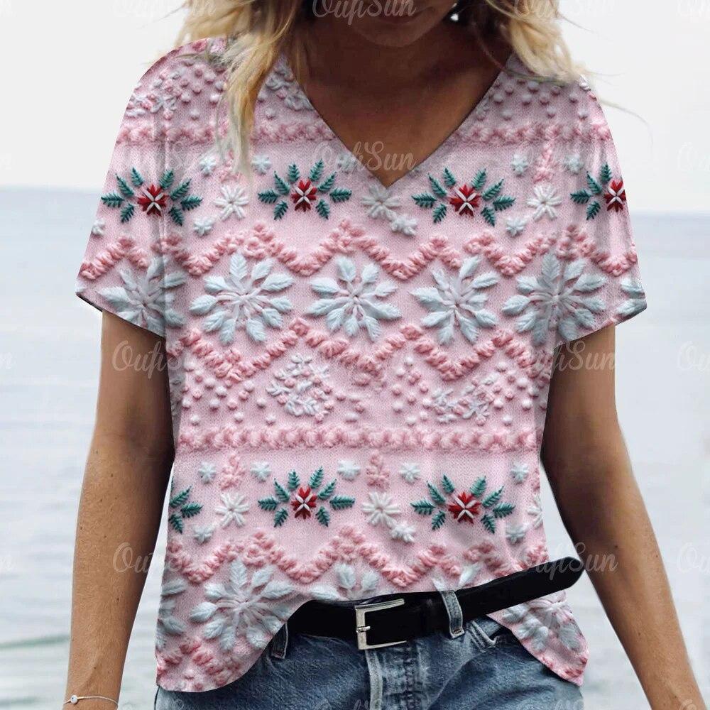 Новая рождественская женская футболка с 3D принтом Санта-Клауса, футболки с короткими рукавами и v-образным вырезом, уличная одежда большого размера, женский пуловер в стиле Харадзюку, топы