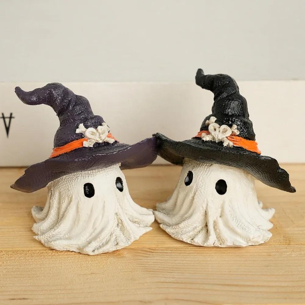 Cartoon Cute Halloween Ghost Figurine White Resin Crafts Hat Ghost Statue Handmade Halloween Ornaments Haunted House