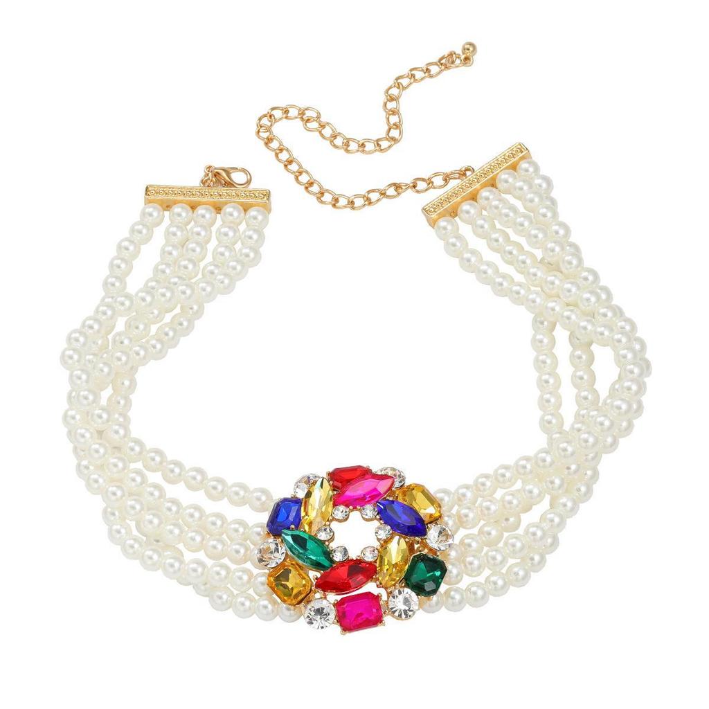 Multi-layer Imitation Pearl Necklace with Glass Diamond Flower - European & American Style Jewelry