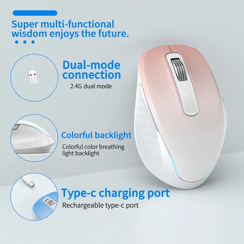 Ergonomic Rechargeable LED Backlit Wireless Silent Mouse 2.4G Dual Mode Plug And Play 1600 DPI Wireless Mouse for Laptop/Desktop