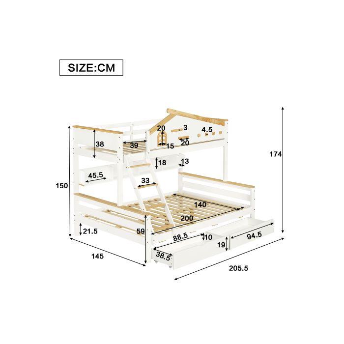 Двухъярусная кровать - MUVOE - 90x200см & 140x200см - Белый + Натуральный - 2 ящика - Наклонная лестница
