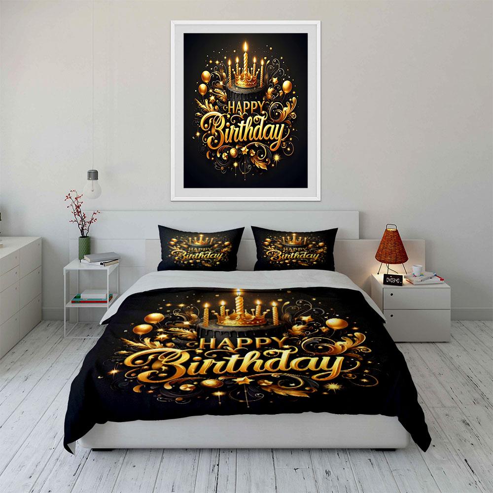 Golden Happy Birthday Design Bedding Duvet Cover Set Duvet Cover Pillowcases (1*Duvet Cover 2*Pillowcases, without duvet insert)