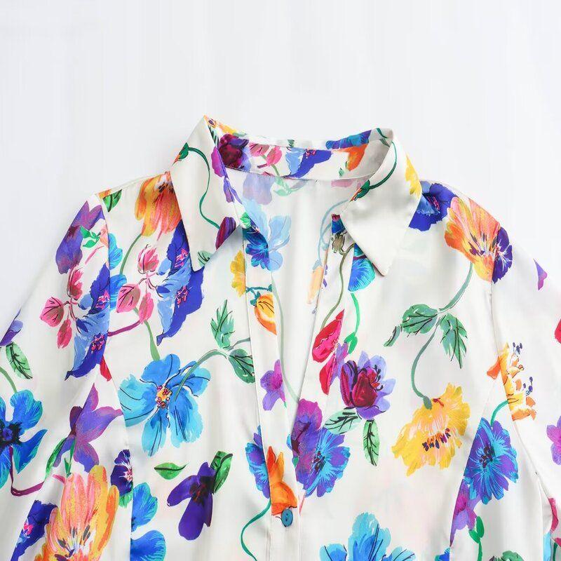 Fashion Style 2024 Spring New Women's Clothing Temperament Wild Florals Print Satin Shirt 2603121 330