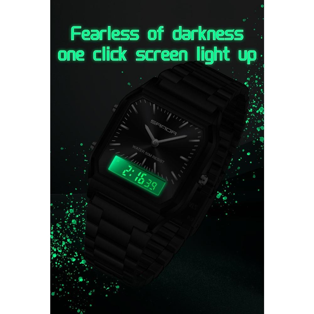 Unisex Analog Digital Quartz Wristwatch Square Case Waterproof Stainless Steel Bracelet Watch