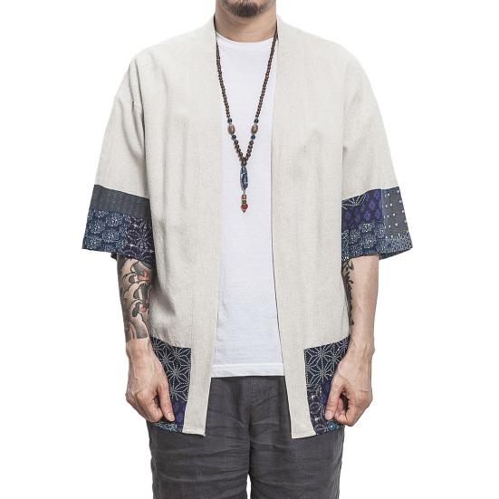 Мужской лоскутный кардиган с ретро-принтом, пальто, пончо с рукавами 3/4 и открытой передней частью, верхняя одежда, тонкий кардиган Hanfu