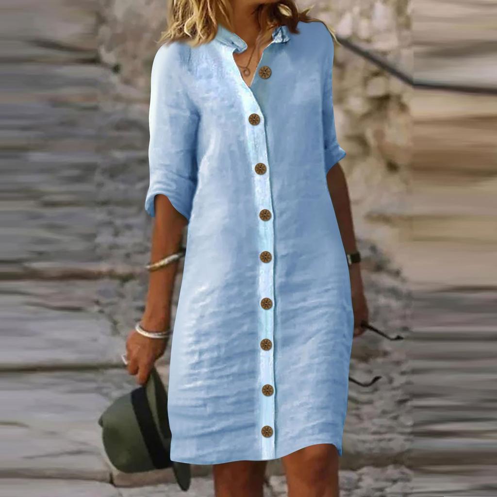 Женское платье с рубашкой и рукавами миди, однотонные повседневные платья