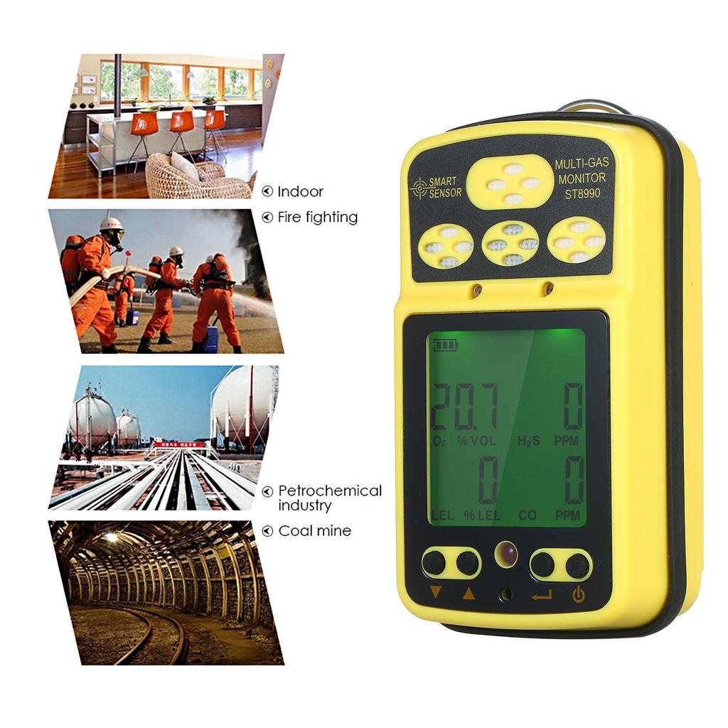 SMART SENSOR ST8990 Мультигазовый монитор, перезаряжаемый 4-дюймовый детектор газа, тестер, датчик с подсветкой, функцией сигнализации, ЖК-дисплей, вилка европейского стандарта