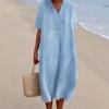 Женское повседневное платье из хлопка и льна на весну/лето 2025 года, приталенного силуэта - Универсальный однотонный цвет, популярный стиль