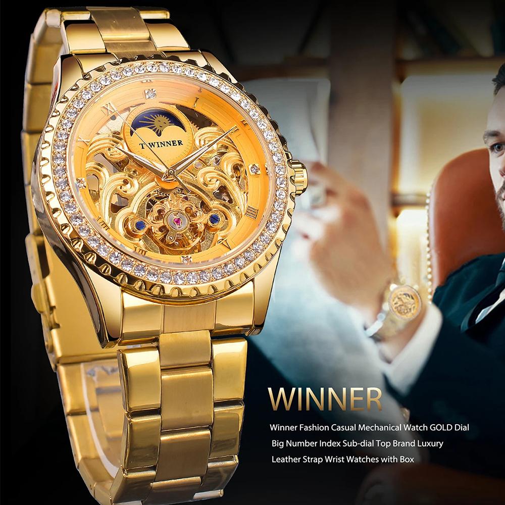 Gold Wristwatches Moon Phase Design Luxury Retro Style Diamond Mechanical Watch Stainless Steel Bracelet Skeleton Tourbillon Men Automatic Watches