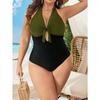 2025 Solid Patchwork Plus Size Swimwear Women Tied Halter Hollow One Piece Swimsuit Push Up Backless Big Bathing Suit