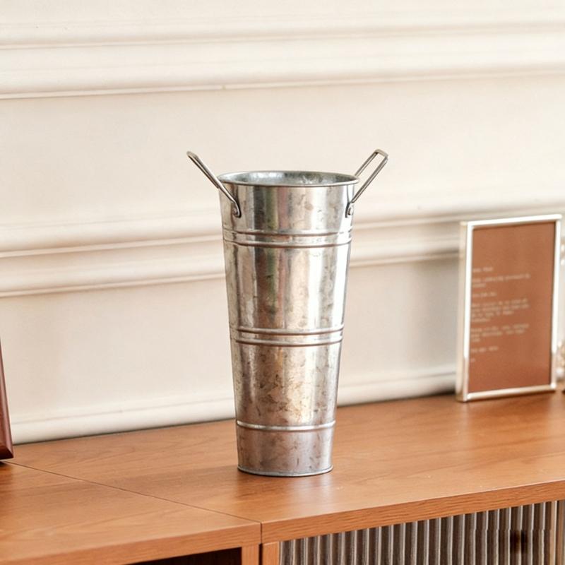 Farmhouse French Flowers Bucket with Handle Metal Flower Holder for Home Table Centerpieces Galvanized Metal Vases