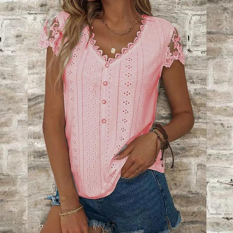 Summer Women's T-shirt Fashion Loose Solid Color Lace V-neck Short-sleeved T-shirt Tops