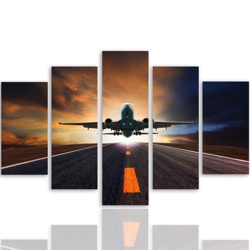 Five piece picture canvas print Sunset plane