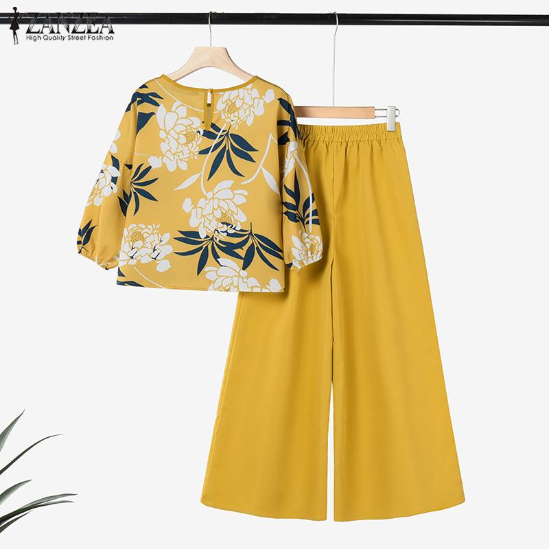 ZANZEA Женский повседневный костюм из двух частей: блузка с цветочным принтом и широкие брюки