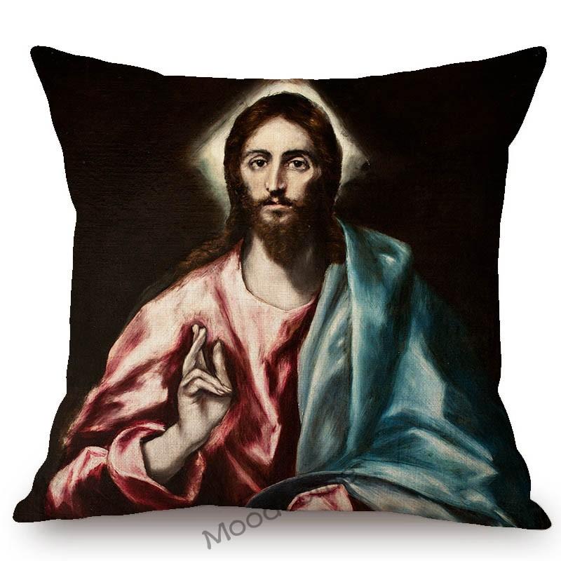 El Graco Famous Oil Painting Jesus Virgin Maria Christian Art Religion Church Decoration Sofa Pillow Case Linen Cushion Cover