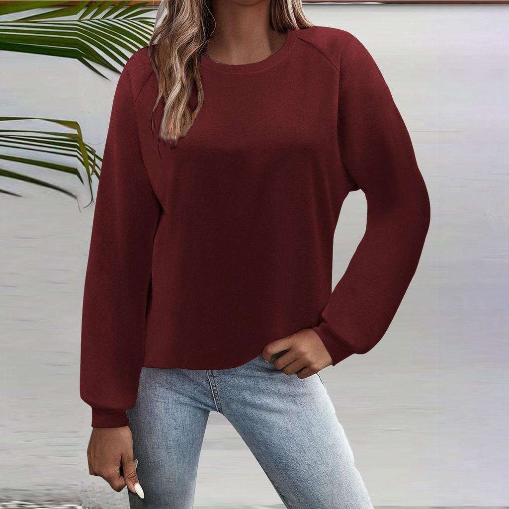 Женская мода повседневный однотонный круглый вырез рукав длинный рукав топ
