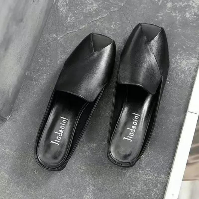 Leather Yellow Sandals and Slippers Women Summer Open-toed Flat Fish Mouth Fashion All-match Thick Heel Half Slippers