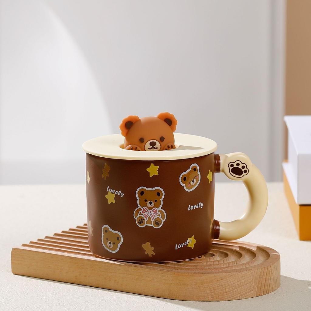 Cute Ceramic Cup with Lid Student Breakfast Cup Cartoon Bear Mug Large Capacity Gift Water Cup Household Set