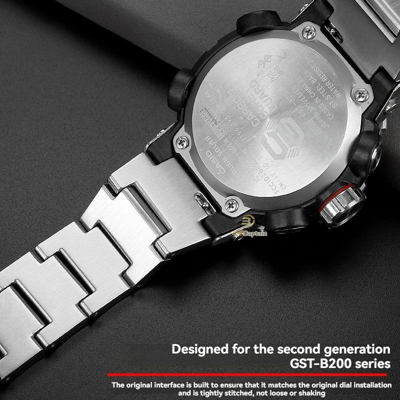 Ремешок для часов из нержавеющей стали для Casio G-Shock GST-B200/B200D | Браслет шириной 24x16 мм у крепления | Мужской серебристый/черный металлический ремешок