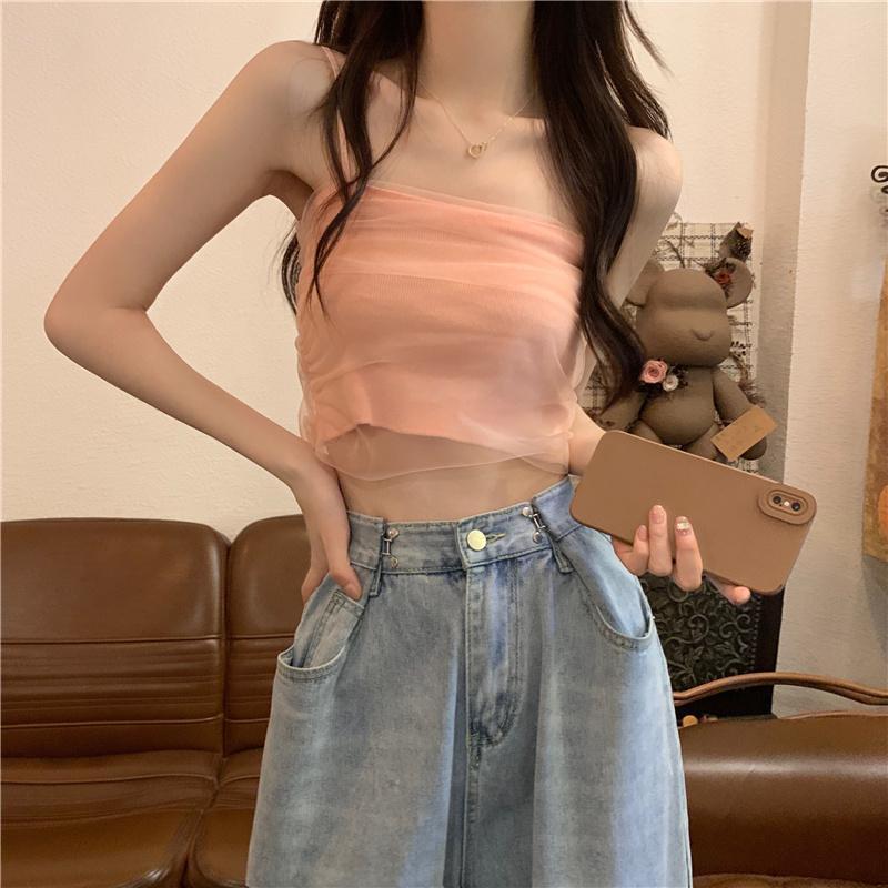 Белая сетчатая майка на подтяжках для женщин, летняя, короткая, облегающая, без бретелек