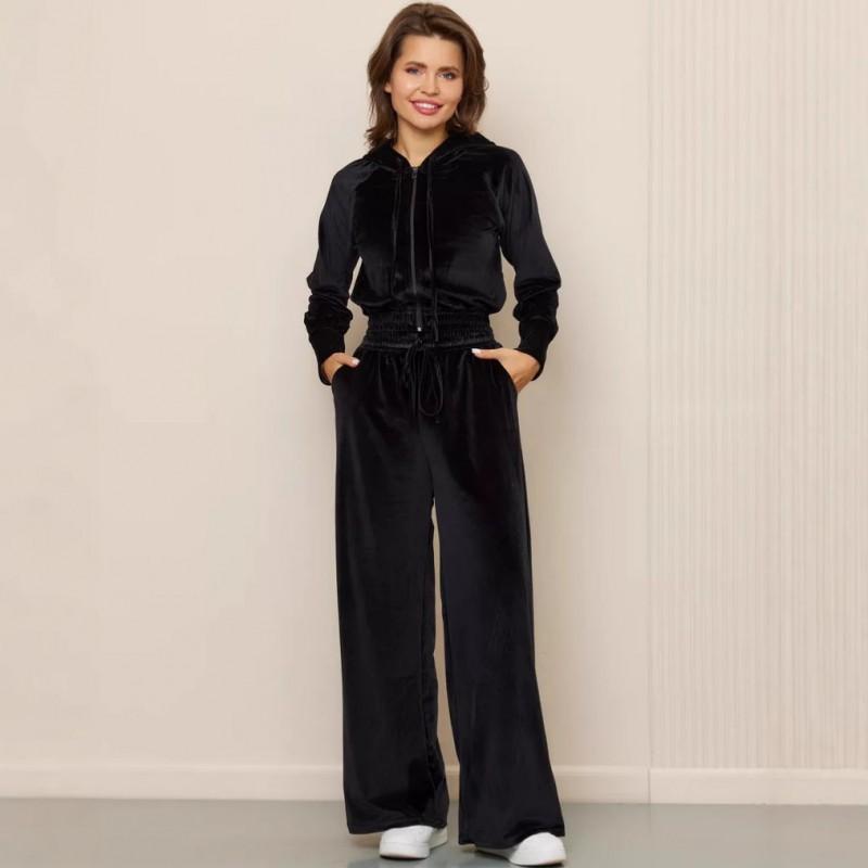 Womens Casual 2-Piece Set Solid Color Zip-Up Hoodie Fleece Pants Streetwear