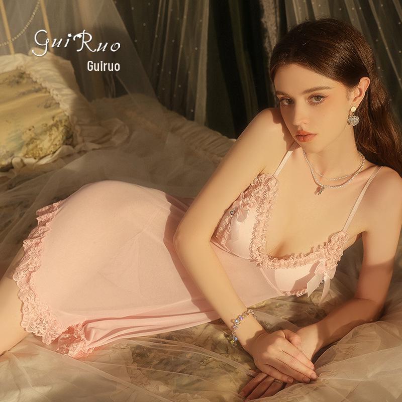 Кружевное платье-комплект Rose Desire с глубоким V-образным вырезом для полных, с бантом и съемными вставками в бюстгальтер (P5768)