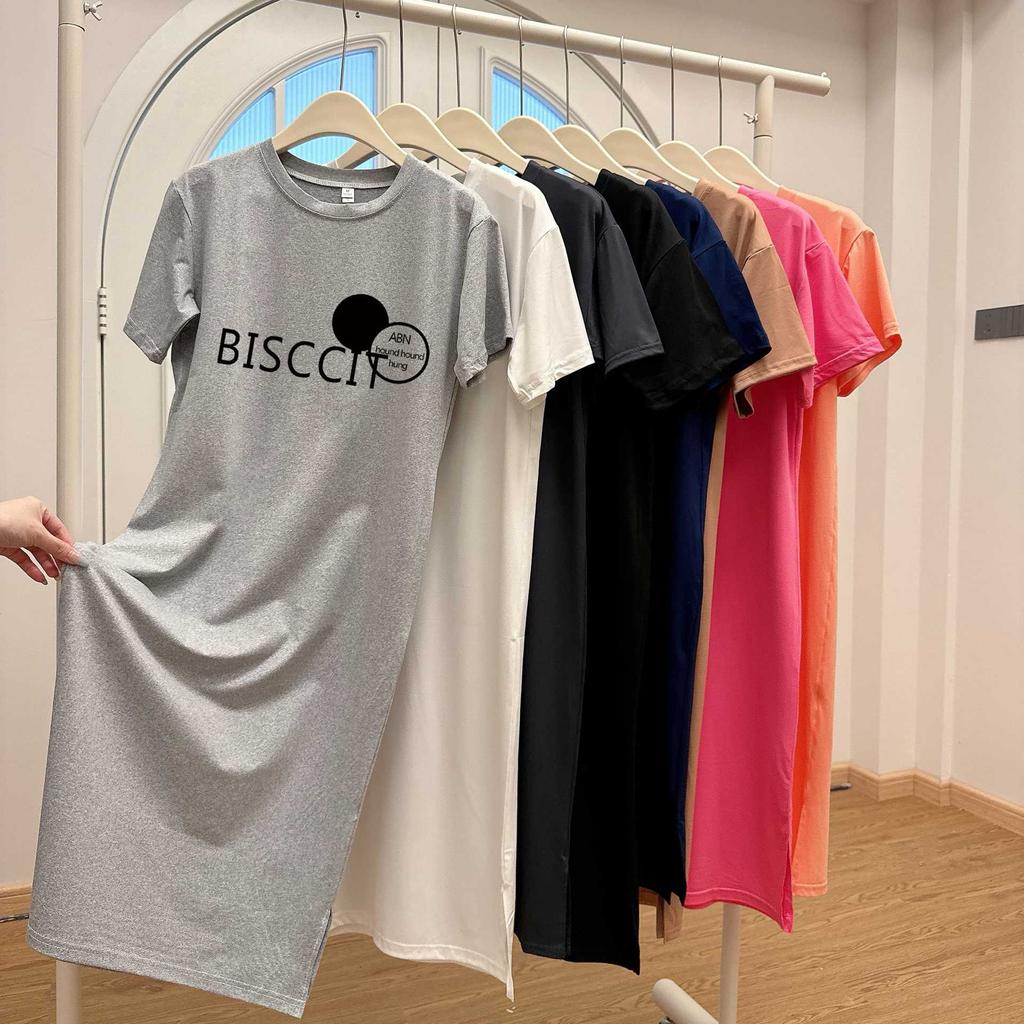 Платье-футболка длиной до колена, Свободный, Повседневный и Непринужденный стиль, Прямая юбка, Платье с круглым вырезом, двойным разрезом и короткими рукавами для женщин на лето