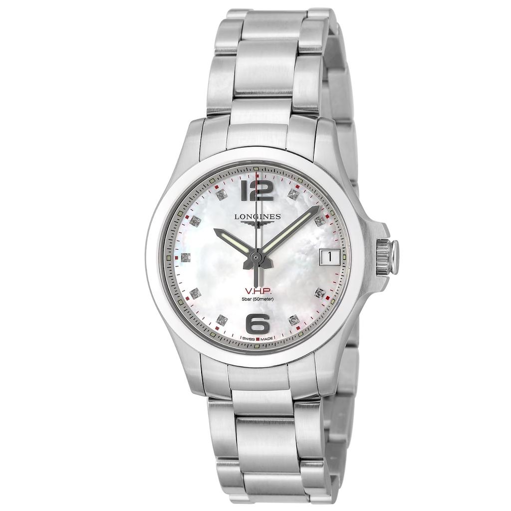 Longines CONQUEST Quartz 5 ATM Water Sapphire White Pearl Stainless Women's V.H.P. Watch, Resistant, Crystal, Dial, Steel, Silver, L3.319.4.87.6