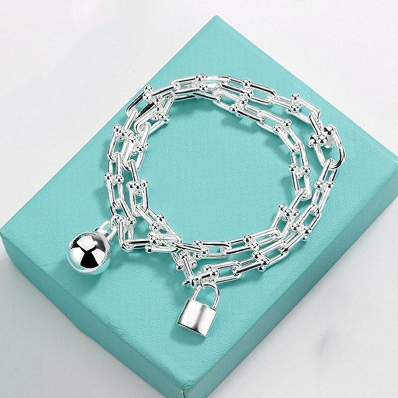 New Woman S925 Sterling Silver Hip Hop Rock U-shaped Lock, Ball Pendant Bracelet Luxury Brand Jewelry Couple Holiday Gift Co